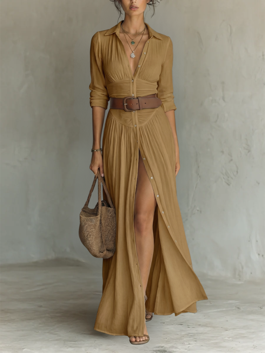 Alba | Long Maxi Dress with Notched Collar and Long Sleeves