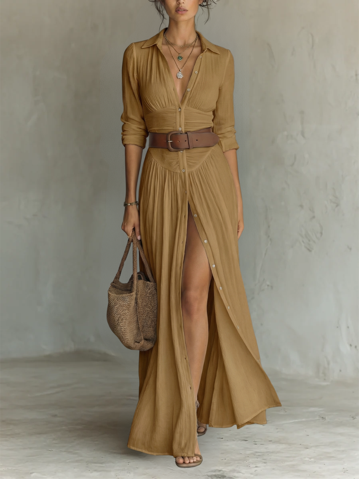 Alba | Long Maxi Dress with Notched Collar and Long Sleeves
