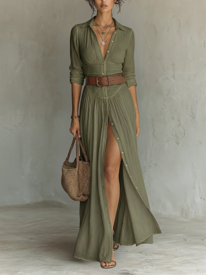 Alba | Long Maxi Dress with Notched Collar and Long Sleeves