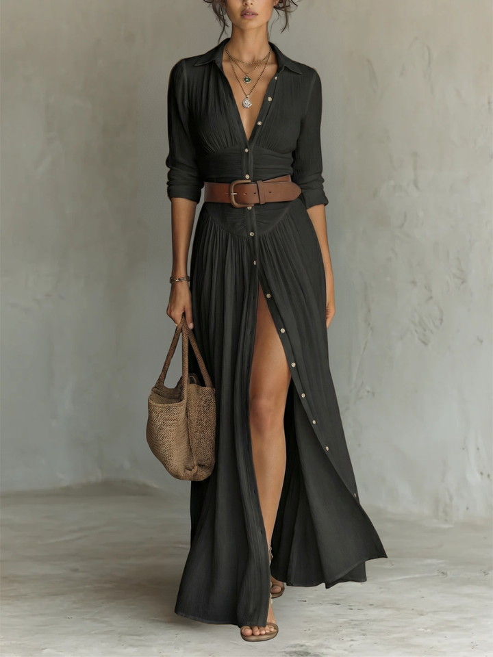 Alba | Long Maxi Dress with Notched Collar and Long Sleeves