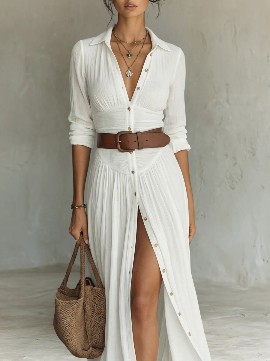 Alba | Long Maxi Dress with Notched Collar and Long Sleeves