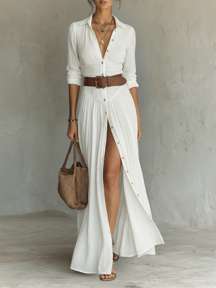 Alba | Long Maxi Dress with Notched Collar and Long Sleeves